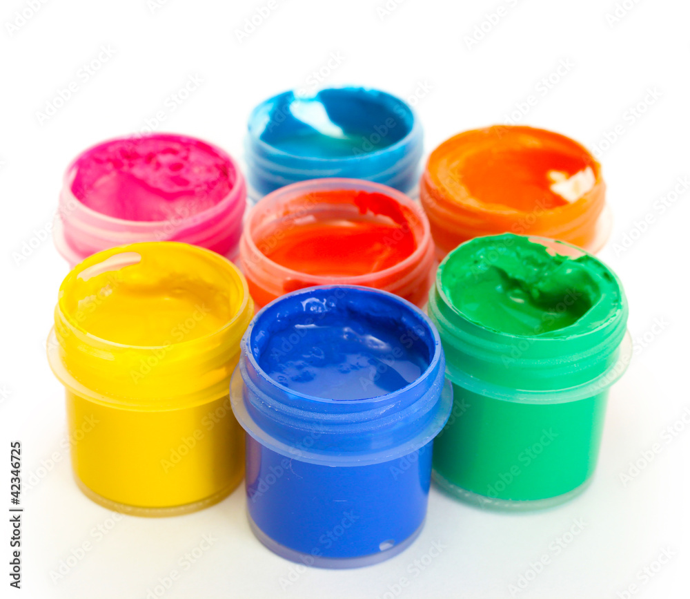 jars with multicolored gouache isolated on white background jars with multicolored gouache isolated on white background