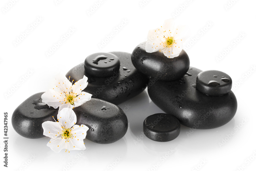Black spa stones with flowers and petals isolated Black spa stones with flowers and petals isolated