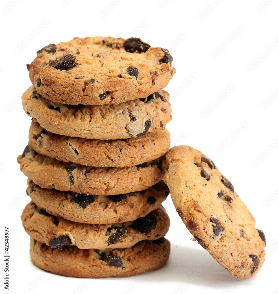 Chocolate chips cookies isolated on white. Chocolate chips cookies isolated on white.