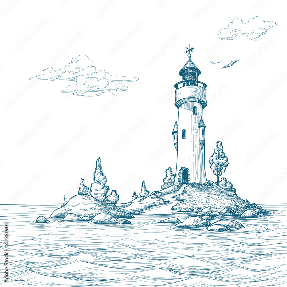 Lighthouse island in the sea - obrazy, fototapety, plakaty 