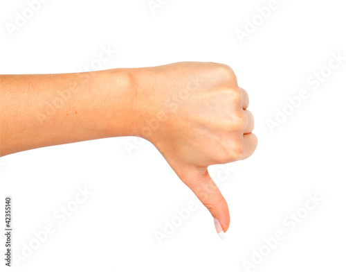 Woman hand showing fail gesture with thumb down