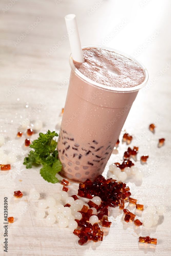 Bubble tea Schokolade mit Jelly Kaffee und Boba Joghurt Stock Photo