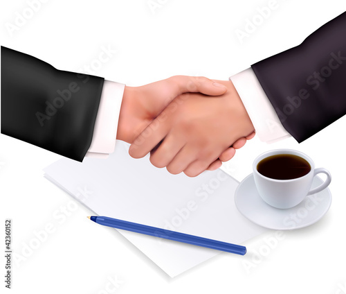 Handshake over paper and pen. Vector illustration.