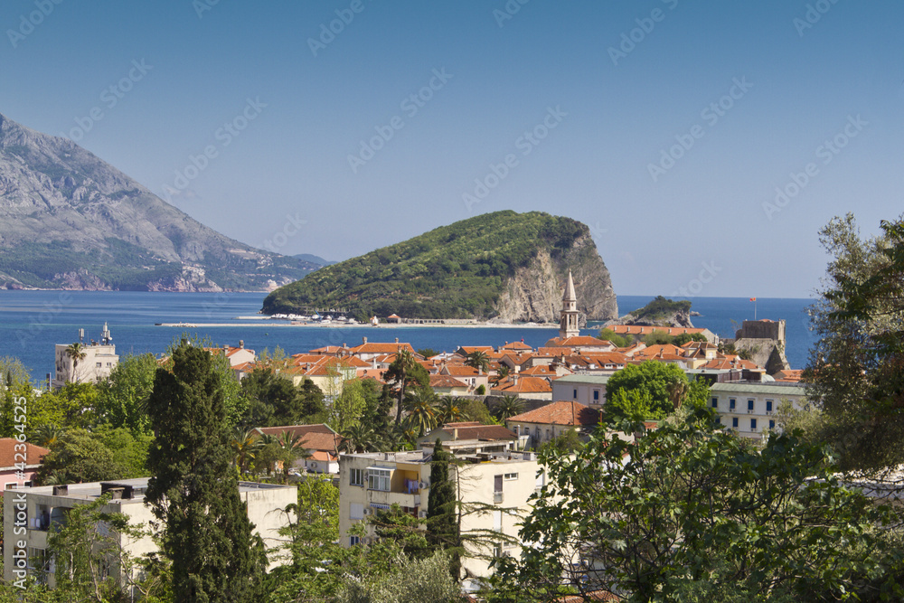 Old town Budva end Island of Sveti Nikola, Montenegro, Europe