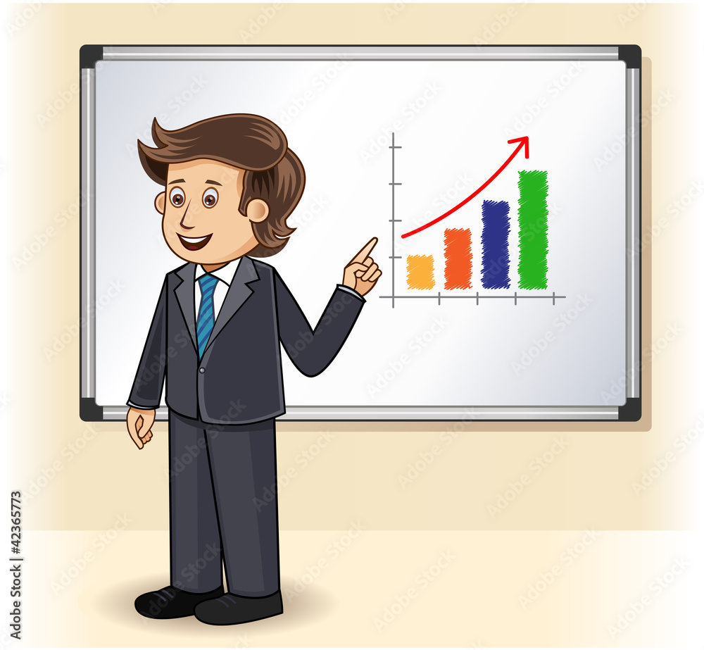 A businessman presenting profits on a whiteboard A businessman presenting profits on a whiteboard