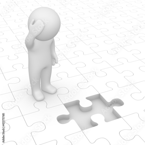 3d man looking at missing piece of puzzle