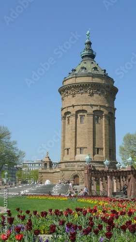 Wasserturm in Mannheim mit Tulpenbeet