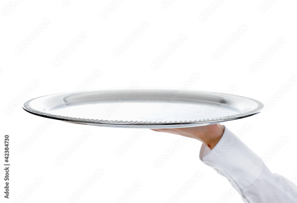 Waiter holding empty silver tray - obrazy, fototapety, plakaty 