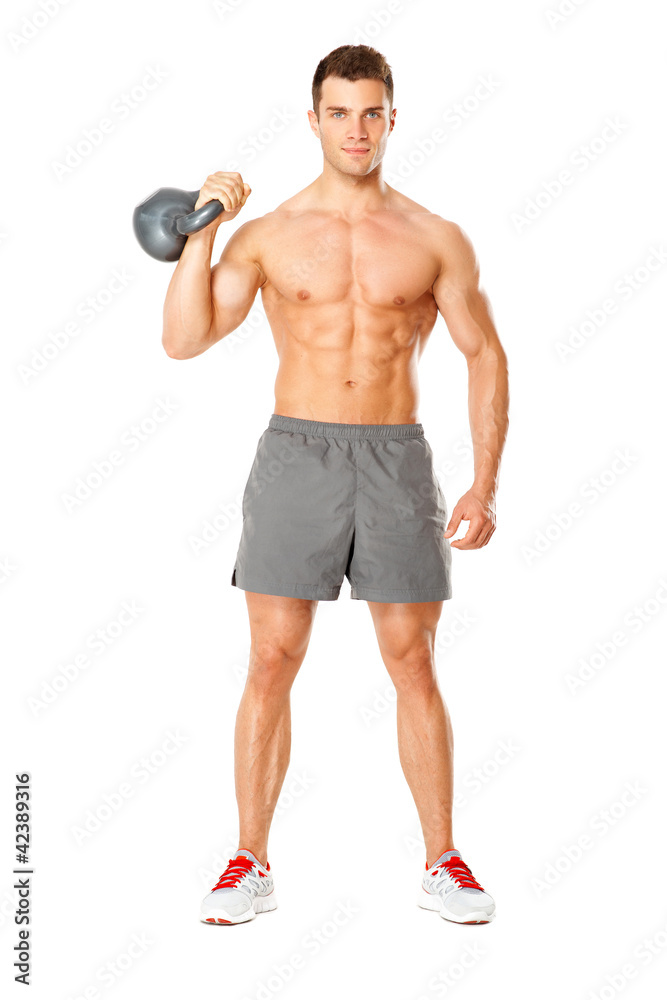 Young muscular man lifting weights on white Young muscular man lifting weights on white