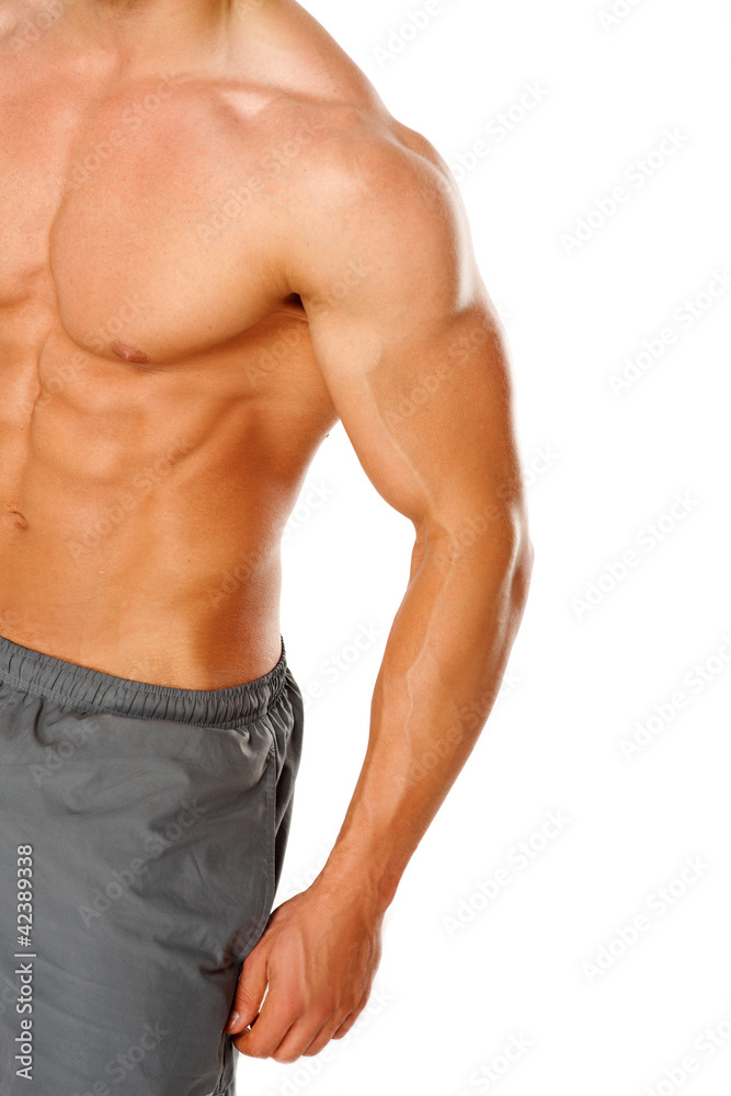 A young man's chest and abs on white A young man's chest and abs on white