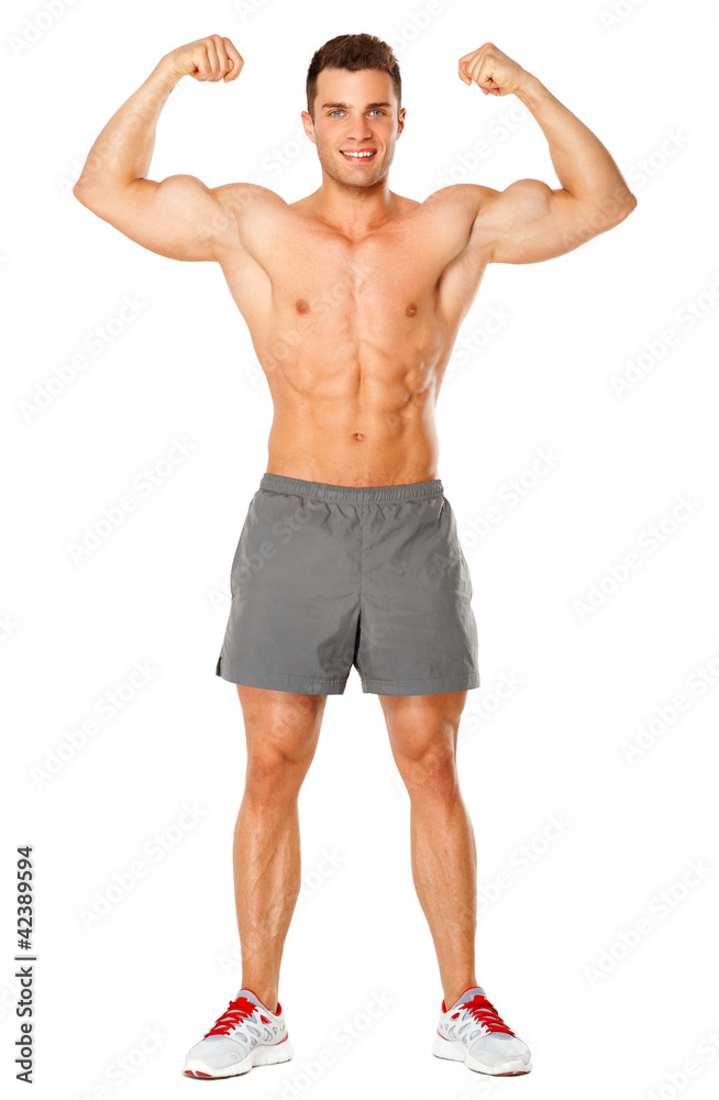 Full body of muscular man flexing his biceps on white