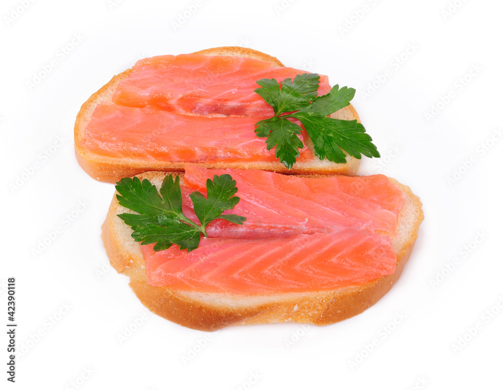 Sandwiches with red fish jn a white background