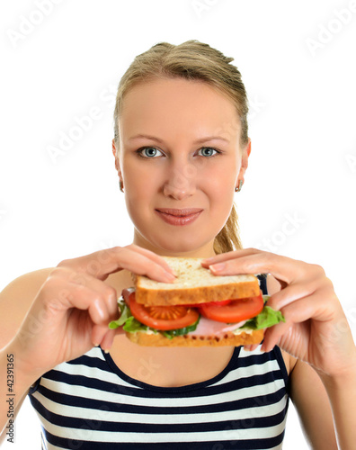 Attractive female with sandwich  isolated on white