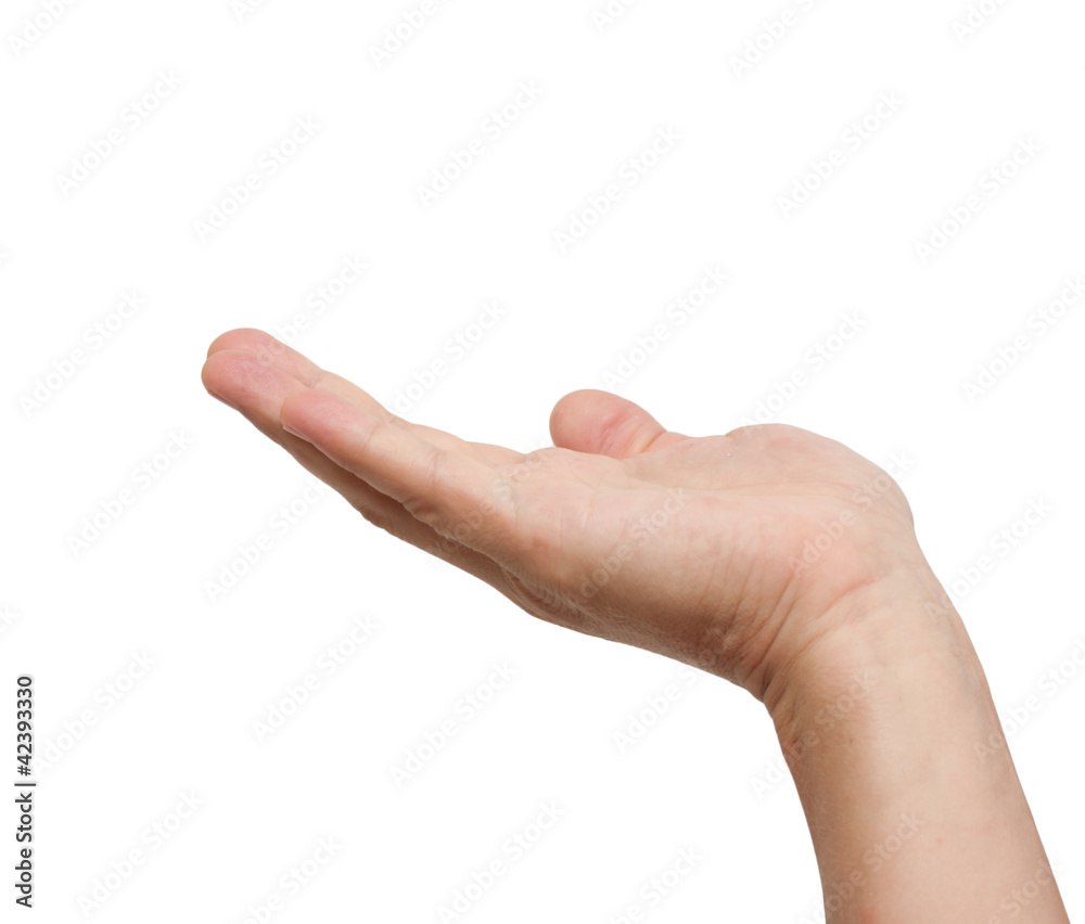 Human hand held up. Awaiting a gift. Isolated on white backgroun Human hand held up. Awaiting a gift. Isolated on white backgroun