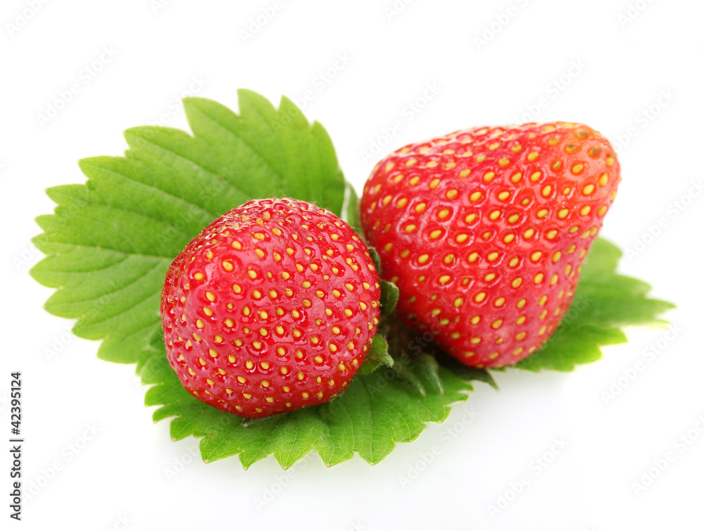 sweet ripe strawberries with leaves isolated on white sweet ripe strawberries with leaves isolated on white