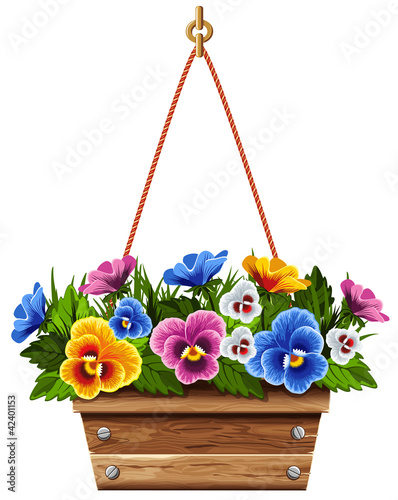 Wooden flower pot with pansies