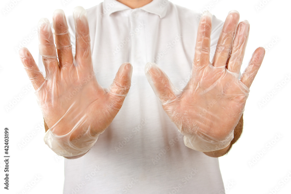 Male palms in disposable gloves Male palms in disposable gloves