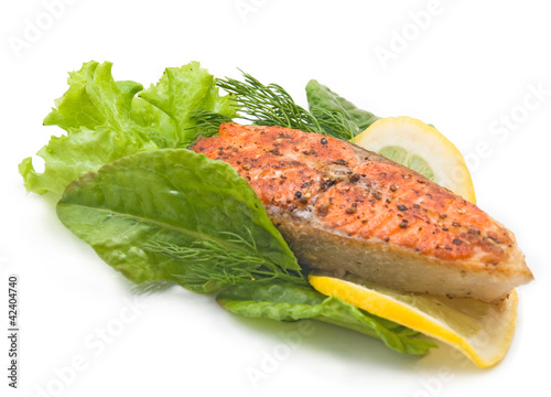 Delicious grilled salmon steak with grilled
