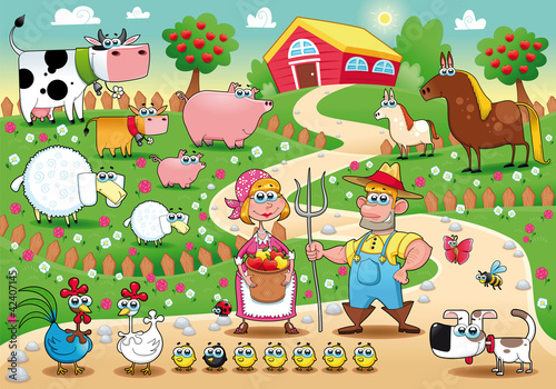 Farm Family. Funny cartoon and vector illustration.