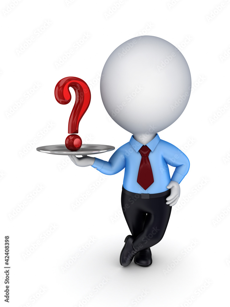 3d small person with a query mark on a dish. 3d small person with a query mark on a dish.