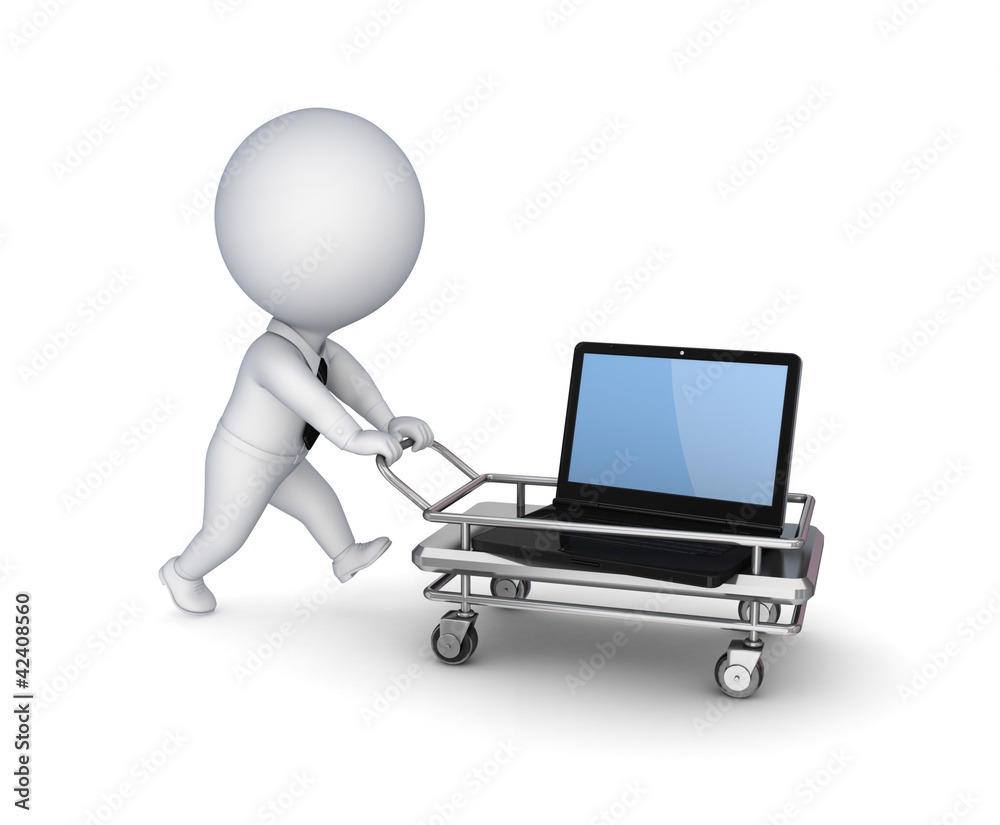 3d person, shopping trolley and modern notebook. 3d person, shopping trolley and modern notebook.