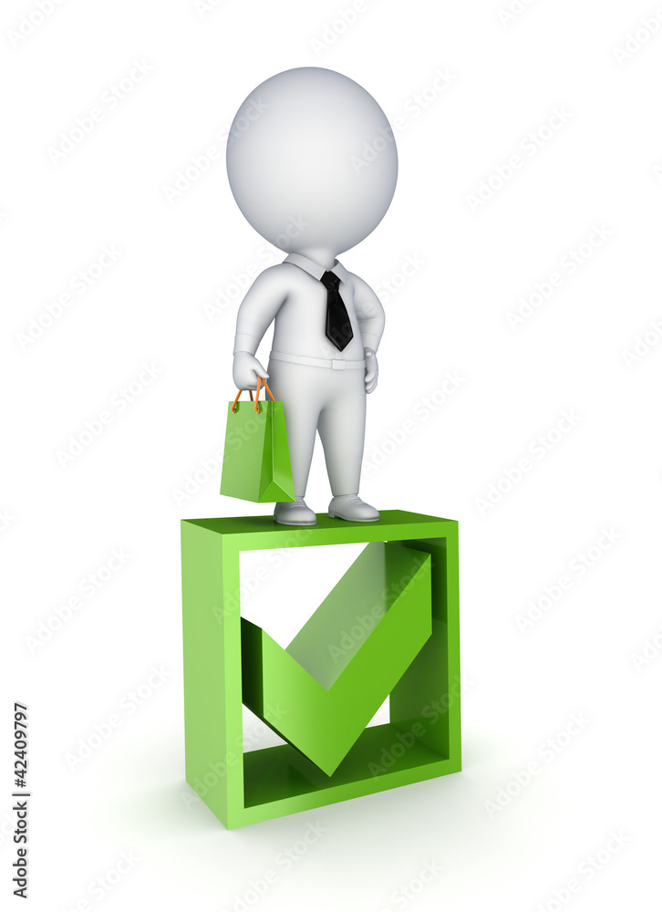 3d small person standing on a green tick mark. 3d small person standing on a green tick mark.