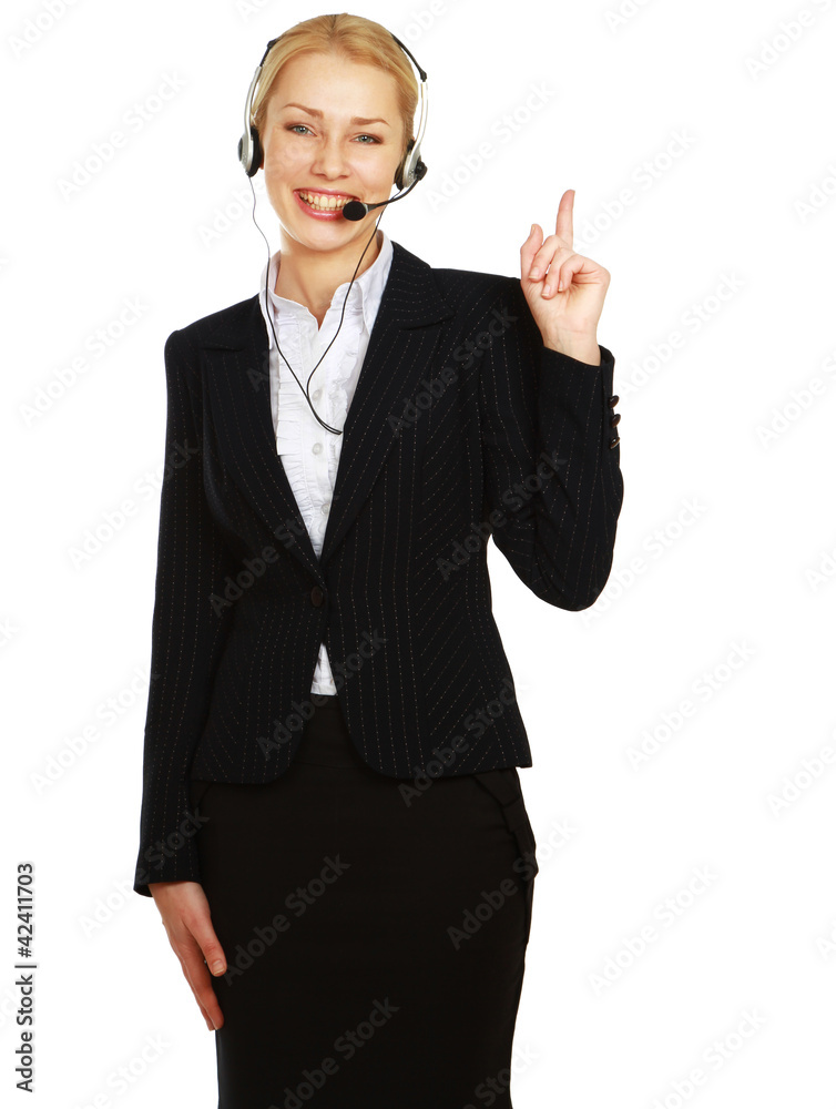 Portrait of happy customer support phone operator Portrait of happy customer support phone operator