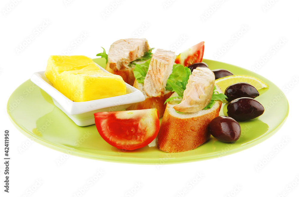 fried salmon chunks on baguette fried salmon chunks on baguette