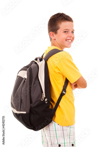 School boy with backpack, isolated on white