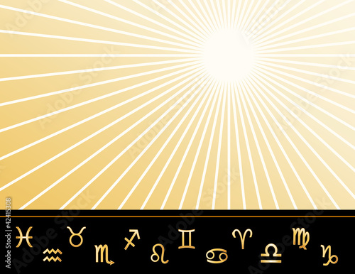 Astrology Poster, copy space, 12 gold horoscope symbols