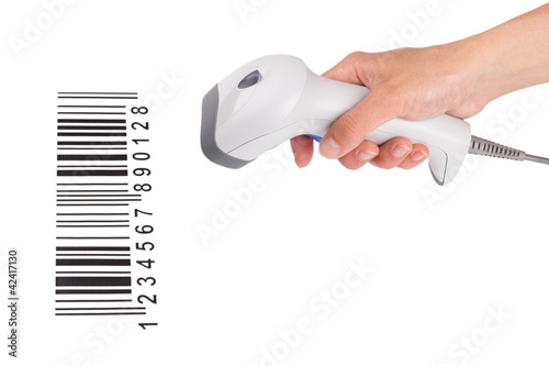 The manual scanner of bar code in a female hand