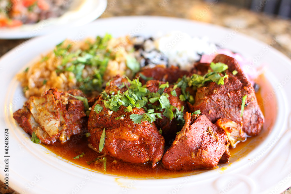 Cochinita pibil plate with pork served beans, and rice. Cochinita pibil plate with pork served beans, and rice.