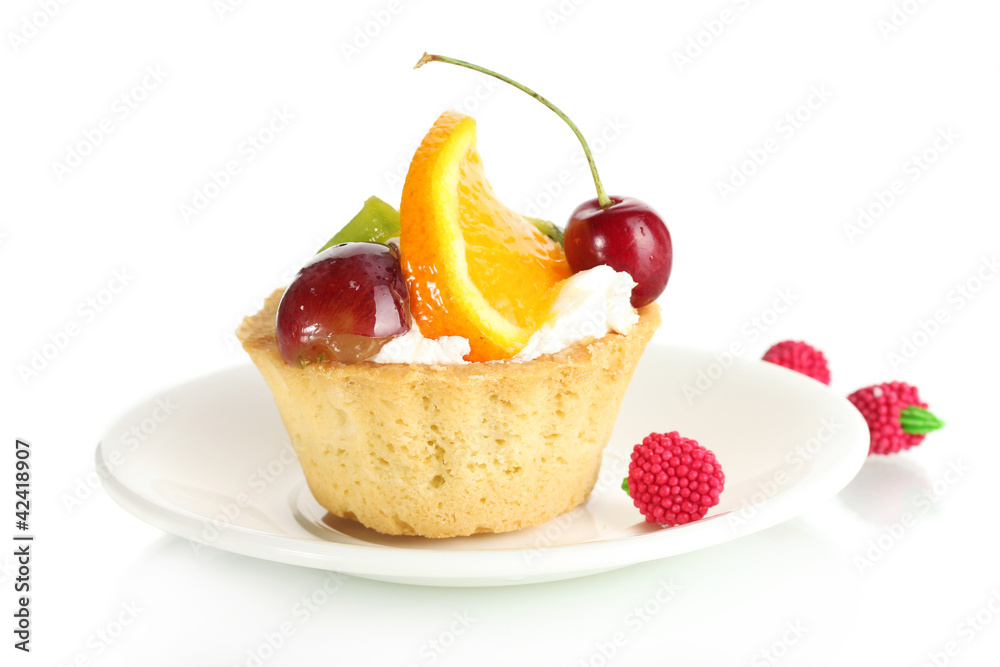 sweet cake with fruits on plate isolated on white sweet cake with fruits on plate isolated on white
