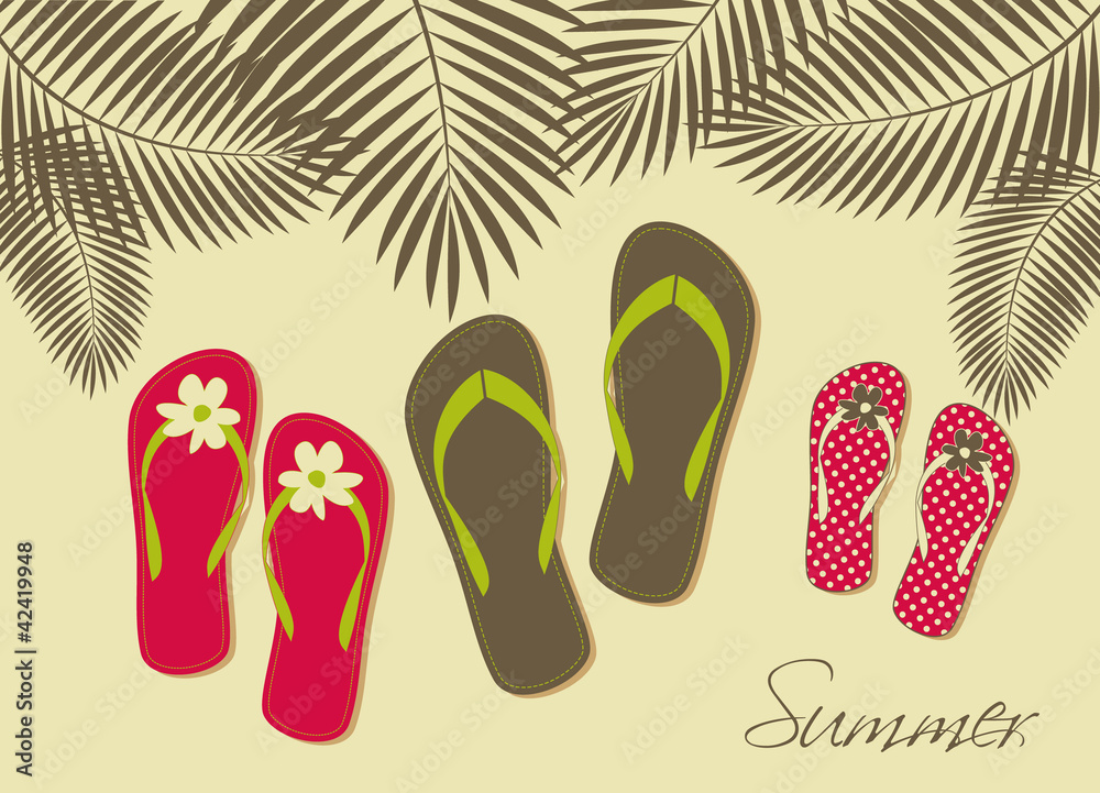 Illustration of three pairs of flip-flops on the beach. Illustration of three pairs of flip-flops on the beach.