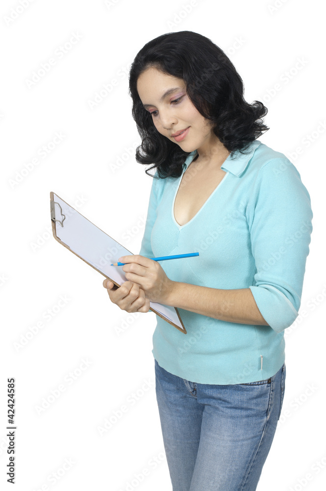 Mixed Caucasian Asian Woman Hold Blank Paper Mixed Caucasian Asian Woman Hold Blank Paper
