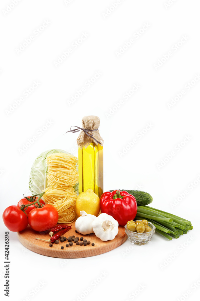 set fresh vegetables with olive oil isolated on white background set fresh vegetables with olive oil isolated on white background