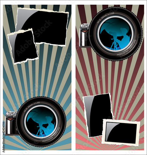 Lens and old photo frame on retro background