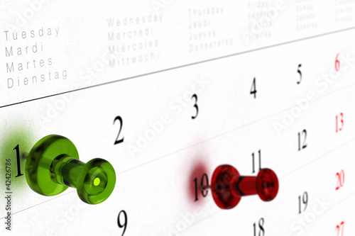 weekly calendar with green and red thumbtack s photo