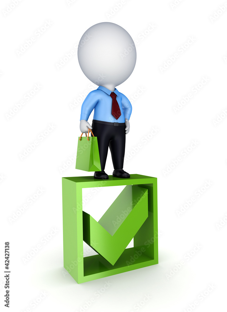 3d small person standing on a green tick mark. 3d small person standing on a green tick mark.