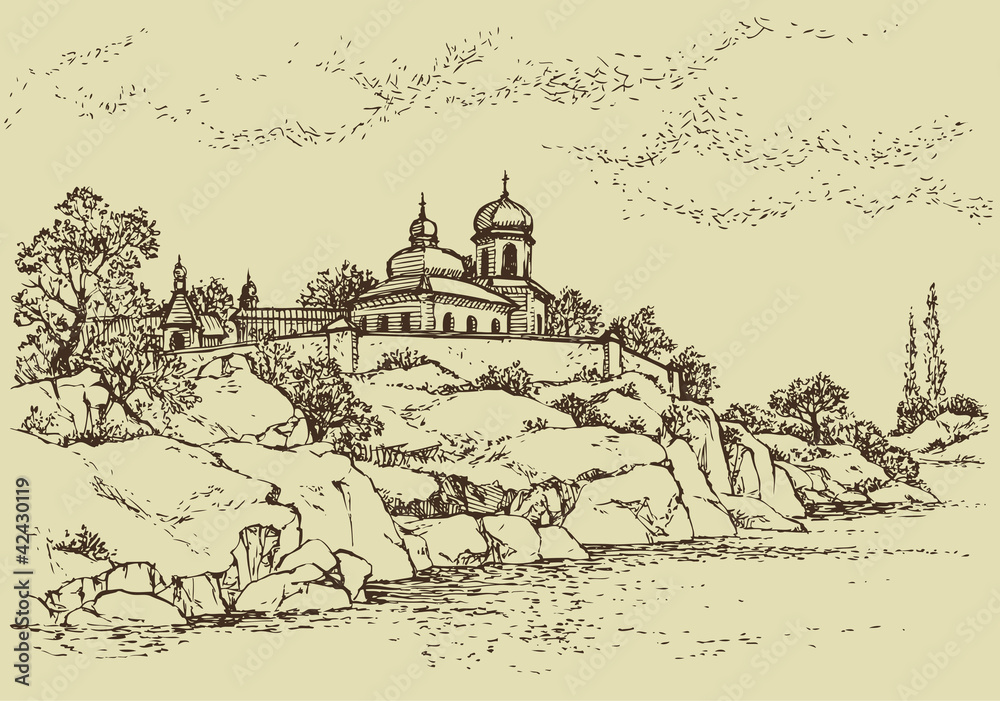 Vector  landscape. Old  monastery on a  rocky hill above the riv - obrazy, fototapety, plakaty 