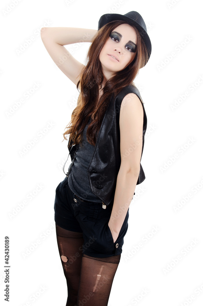 Fototapeta premium Portrait of the beautiful girl in a hat - grunge style