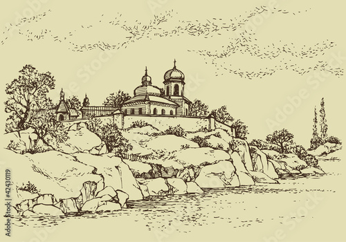 Vector landscape. Old monastery on a rocky hill above the riv