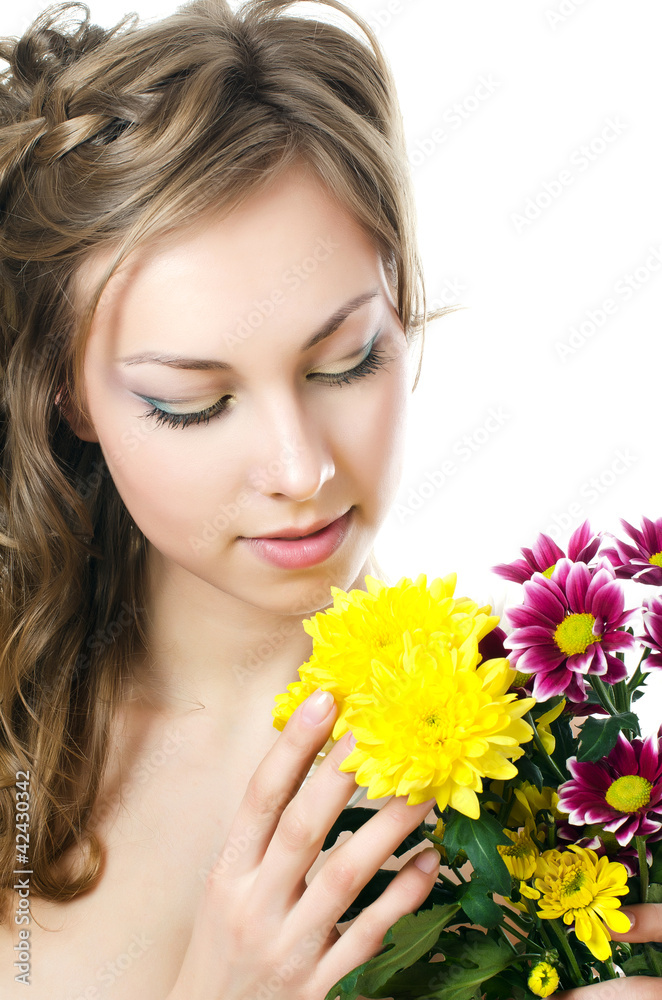 The girl with beautiful hair with chrysanthemum