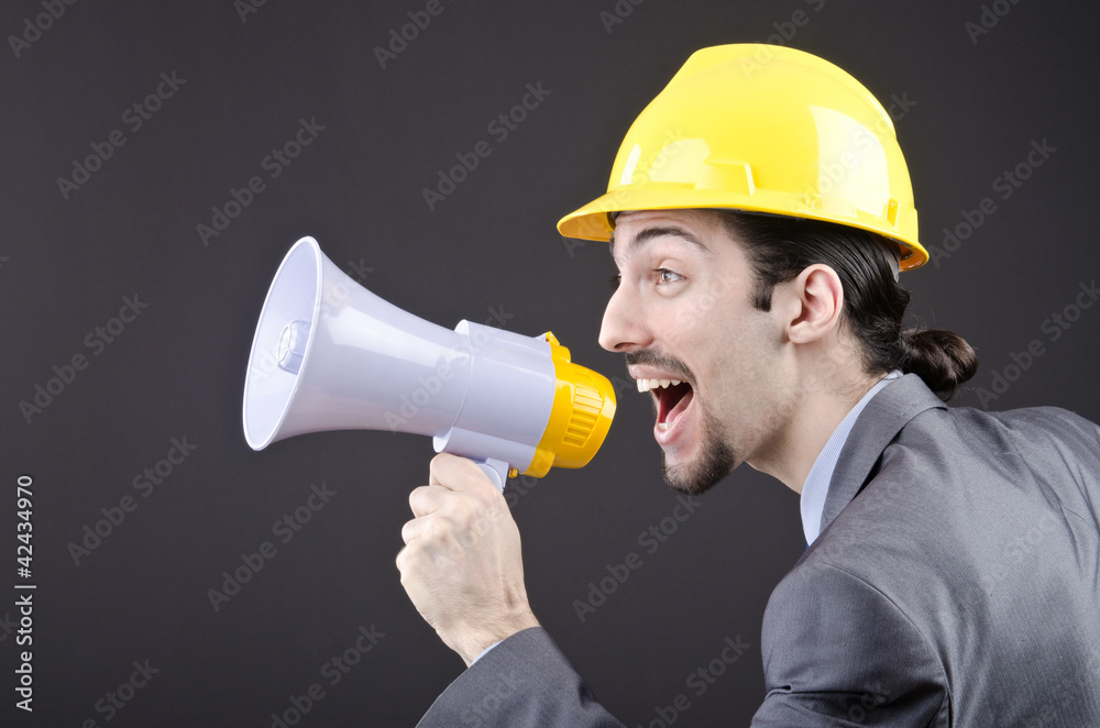 Man shouting and yelling with loudspeaker Man shouting and yelling with loudspeaker