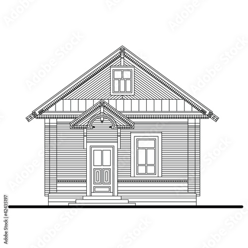 Drawing of a front facade of small wooden house with two windows