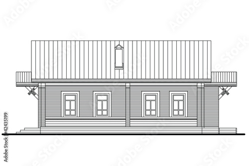 Drawing of a side facade of small wooden house with four windows