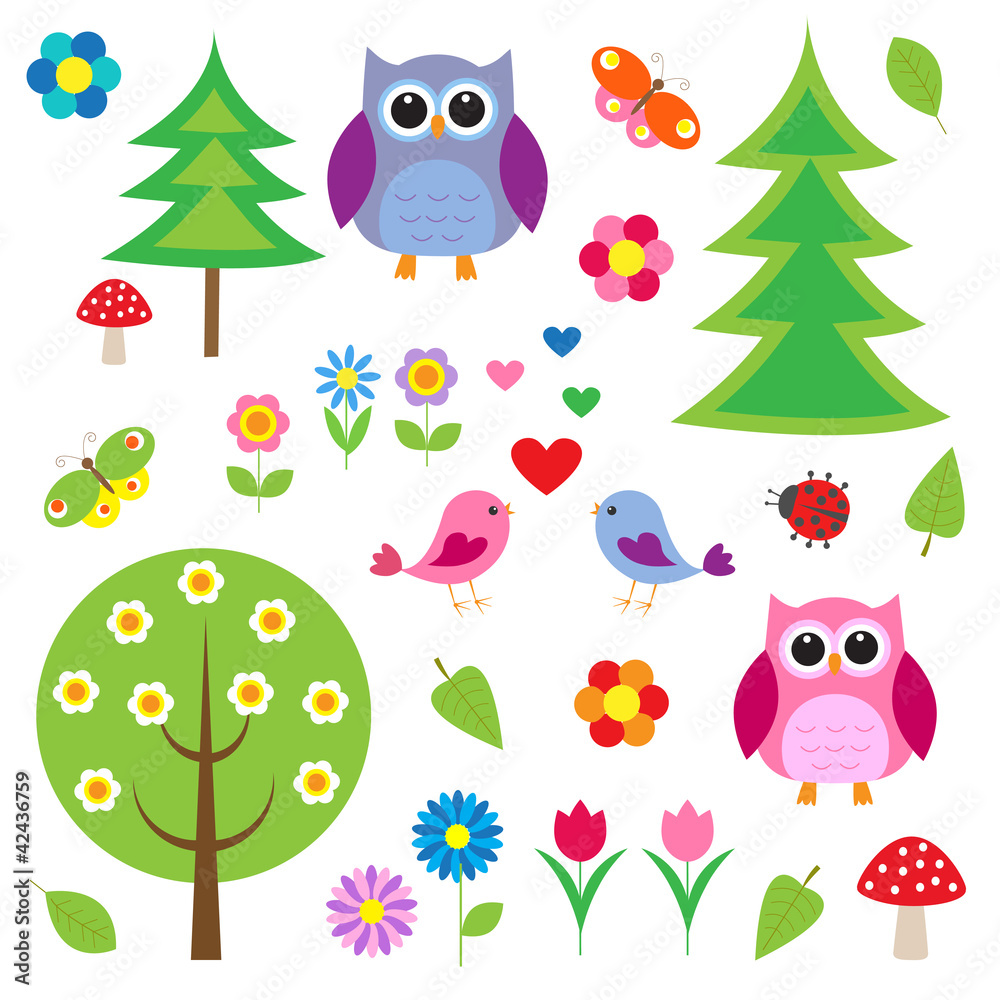 Naklejka premium Birds,tress and owls