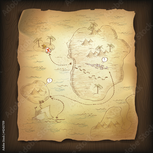 Treasure map on wooden background.
