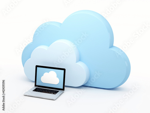 Cloud computing, laptop in front of virtual cloud