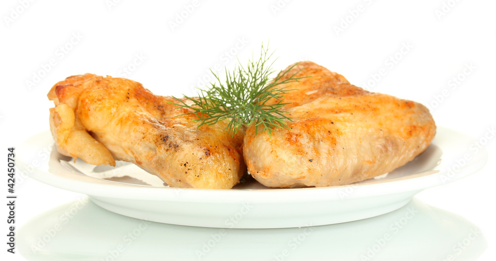 roasted chicken wings with dill in the plate isolated on white roasted chicken wings with dill in the plate isolated on white